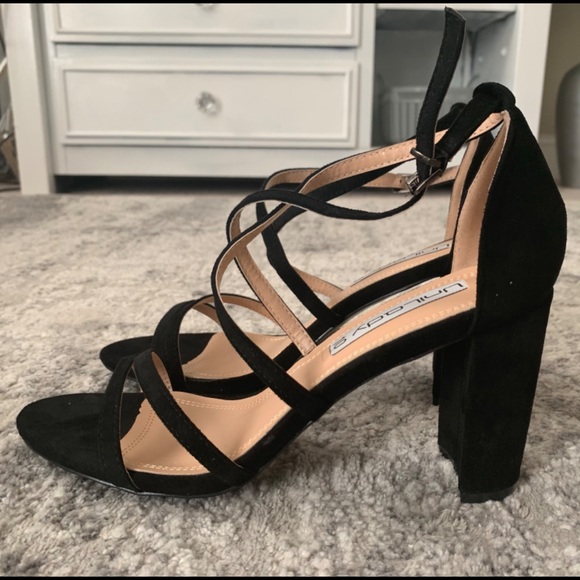 Faux Suede Black Strappy Block Heels Size 10 - Picture 3 of 8
